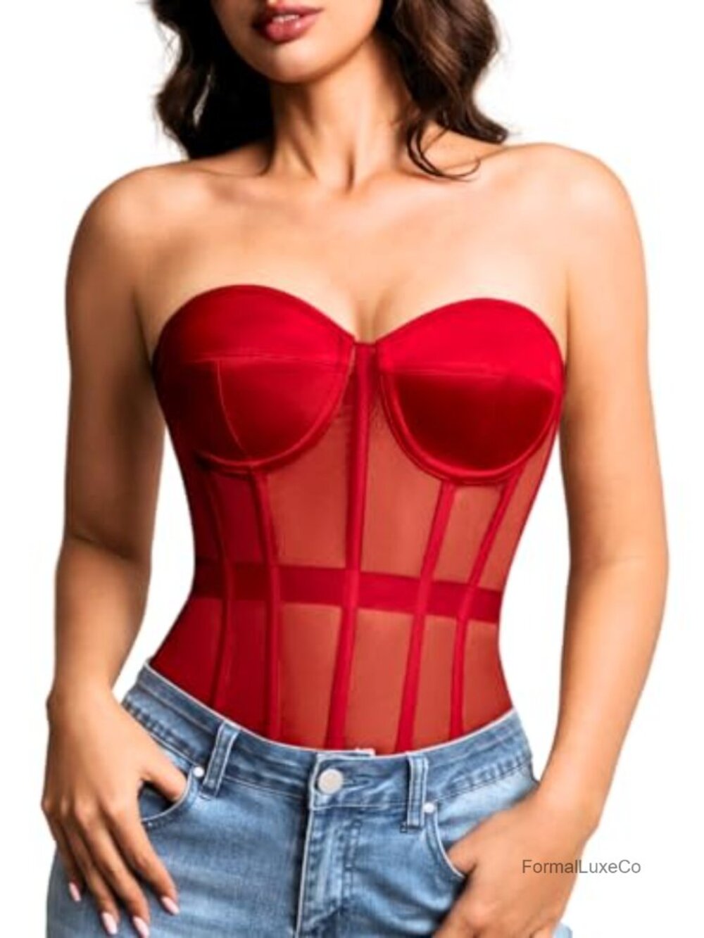 Strapless Mesh Corset Top Padded Lace-Up Bustier